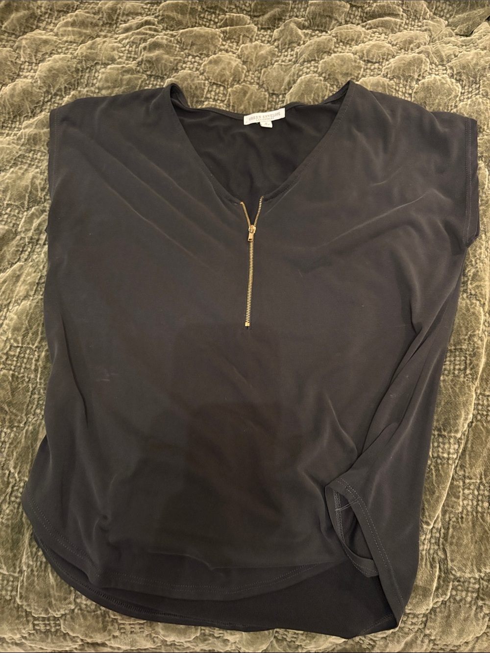 V-Neck Top with Gold Zip - Black